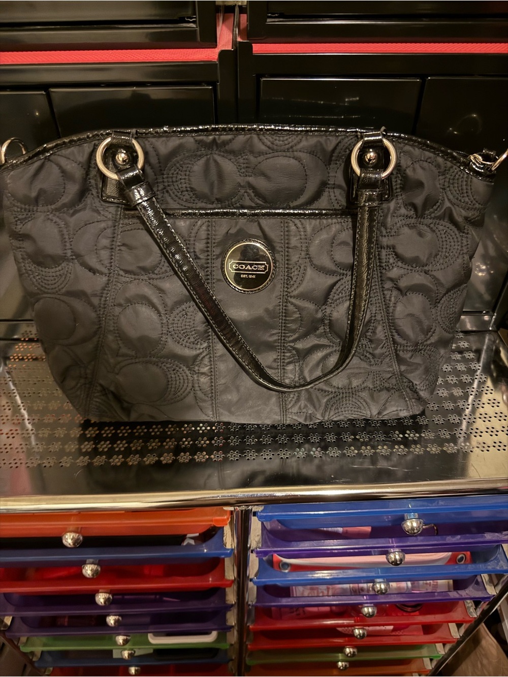 Coach Black Quilted Shoulder Tote with Patent Trim